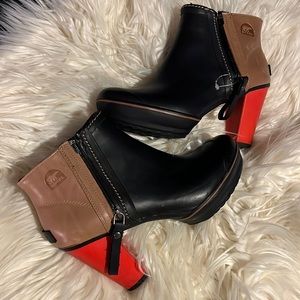 Sorel Black, Tan and Orange Booties